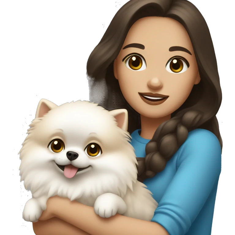 Brunette girl with light skin and blue eyes holding a white pomeranian  emoji