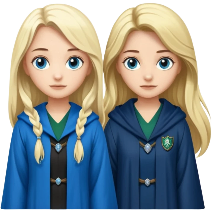 a pretty ravenclaw girl with long dark brown hair and blue eyes standing with a hot Slytherin girl with long blonde hair, blue eyes emoji