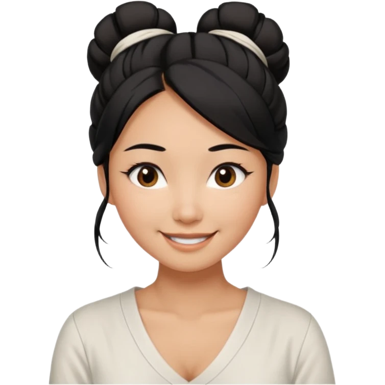 medium tan asian woman with long black hair tied in a high messy bun, round brown eyes, white v neck blouse. shes smiling and friendly. emoji