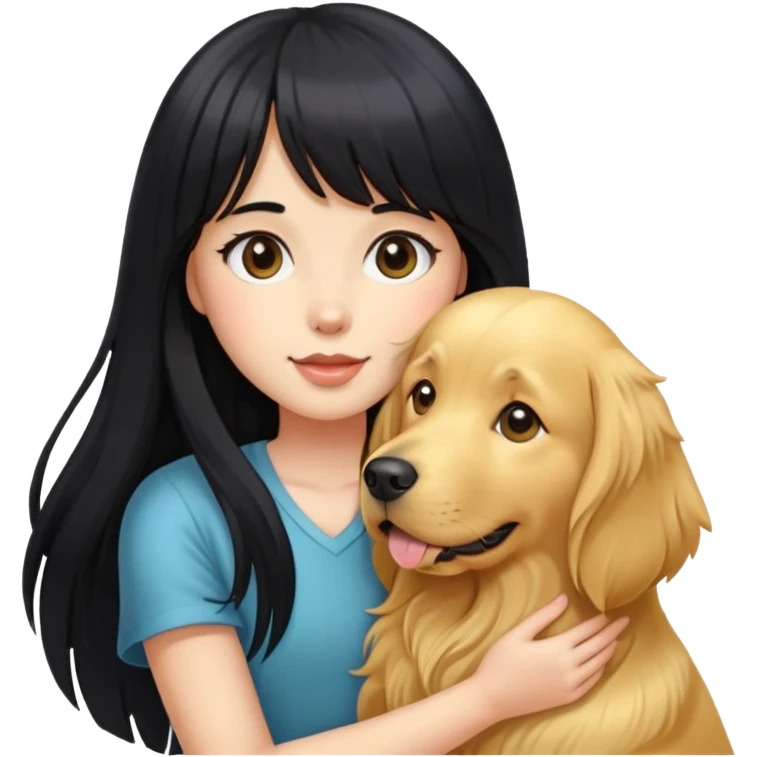 A girl with long black hair and bangs holding a golden retriever emoji