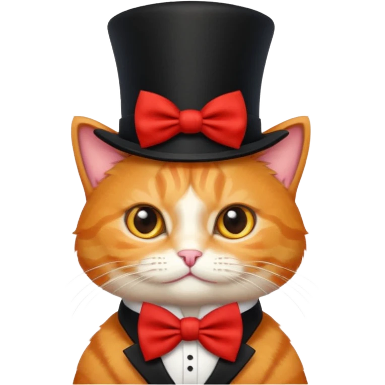 Cute emoji-style orange tabby cat wearing a black top hat with a red band and a red bow tie, big round eyes, fluffy fur, clean mascot style, centered, transparent background, 1:1 ratio. emoji