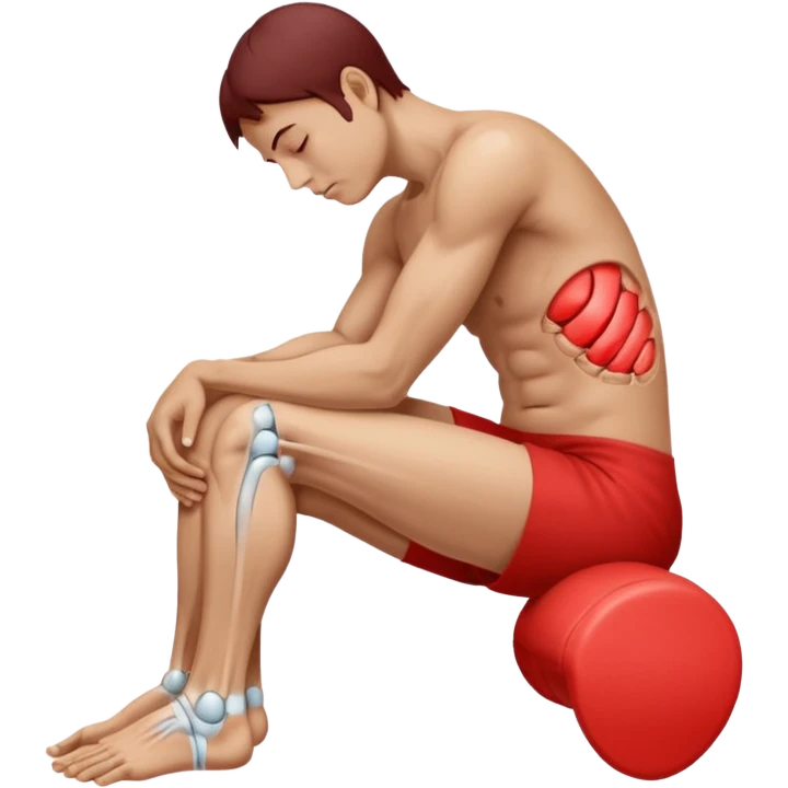 A person sitting and holding their knee, showing pain or inflammation. A red area highlights the joint to indicate soreness. Realistic photography style with clear detail on hands, knee, and muscle tension, plain white background for medical illustration use. emoji