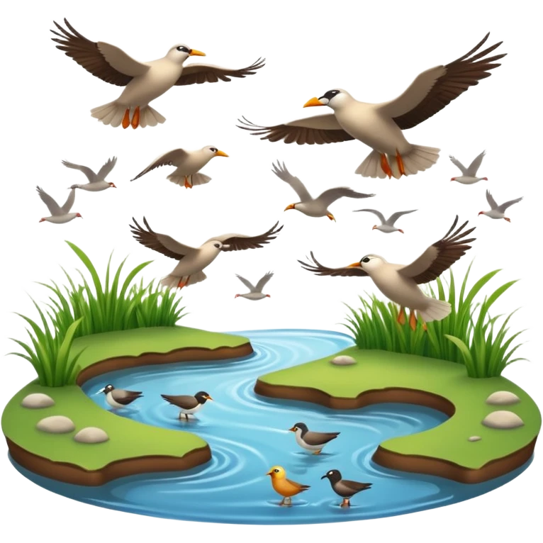 A 3D cartoon estuary with birds flying over shallow water and grassy banks, calm mood, Memoji-style realism. emoji