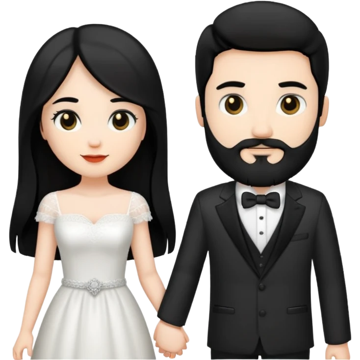 couple of newlyweds holding hands, white skin man with black hair and beard; white skin woman with long black hair and black eyes emoji
