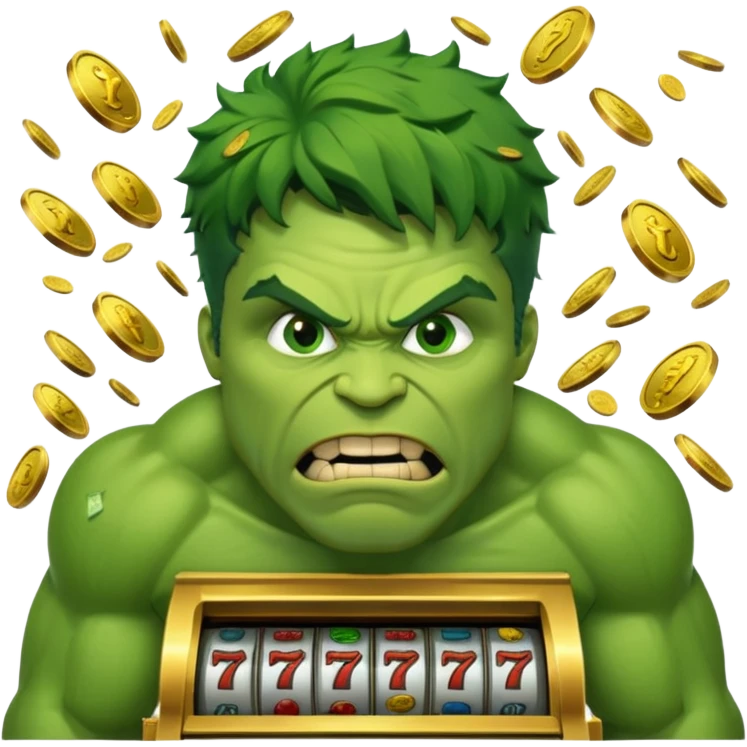 disheveled hulk losing money at a slot machine, panicked face, coins flying emoji