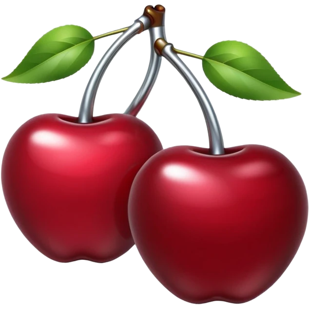 A pair of cherries emoji made of liquid silver chrome, smooth rounded shapes, glossy metallic surface, subtle sensual vibe, luxury sexy aesthetic, iOS emoji style, centered, clean white background emoji