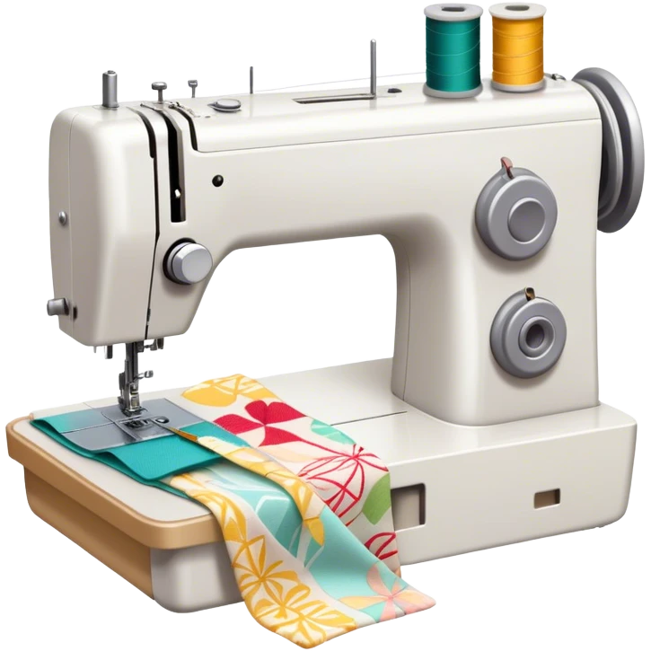 Sewing icon, sewing machine with thread, visible needle, spools of thread, fabric pieces cut according to patterns, scissors, and measuring tape, a piece of clothing in progress, minimalistic style, clean lines, transparent background. emoji