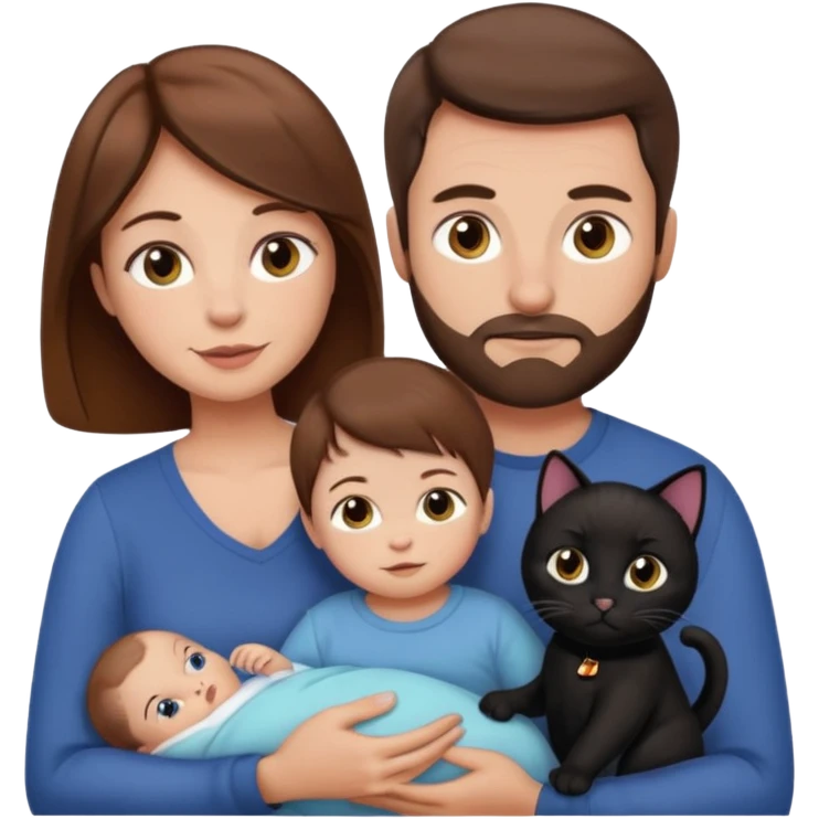1 mom brown hair, 1 dad NO beard, 1 baby and 1 black cat emoji