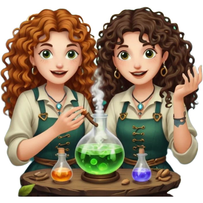 forest alchemist duo two women curly long hair tattooed and short brown mullet mixing glowing moon potion together excited faces emoji