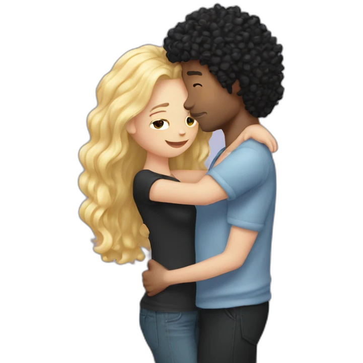 Long blond hair girl hugging a man with black curly hair emoji