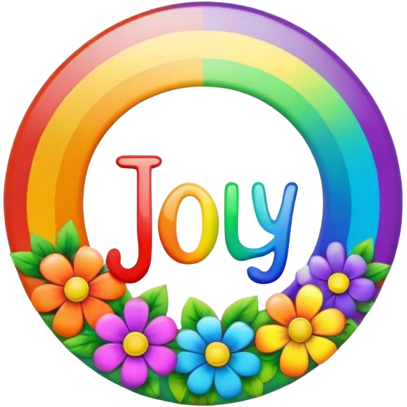 A round psychedelic colored button that says joy with rainbow colored hippie style flowers emoji
