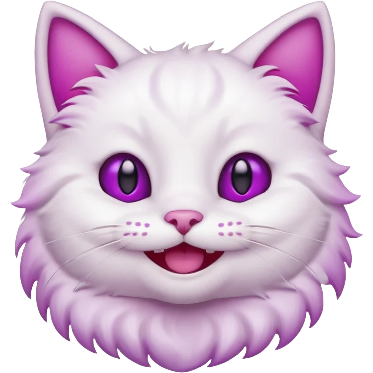 White cat happy smiling with teeth showing, light pink inner ears, magenta purple eyes, looks like discord's :smiley_cat: emoji, male looking emoji