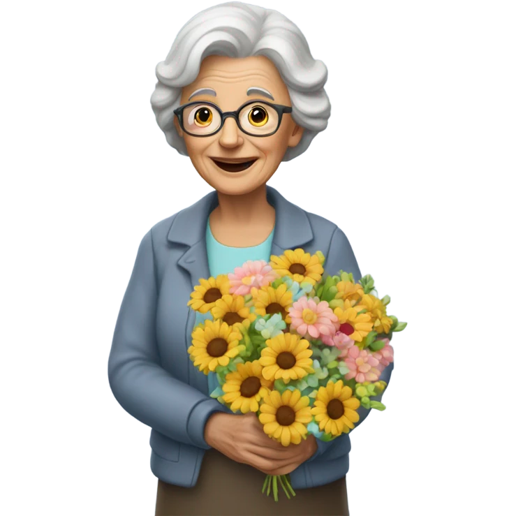 70 years old women with flower and balloon emoji