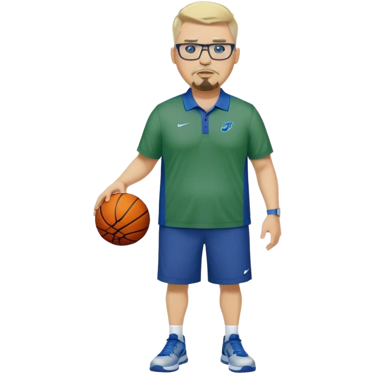 Full Body white male plus size wearing glasses with a goatee with light blonde and gray very short hair mad basketball head Coach in blue and green wearing Nike polo emoji