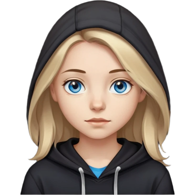 girl with blue eyes, shoulder-length brown hair with light blonde streaks, wearing a black hoodie emoji