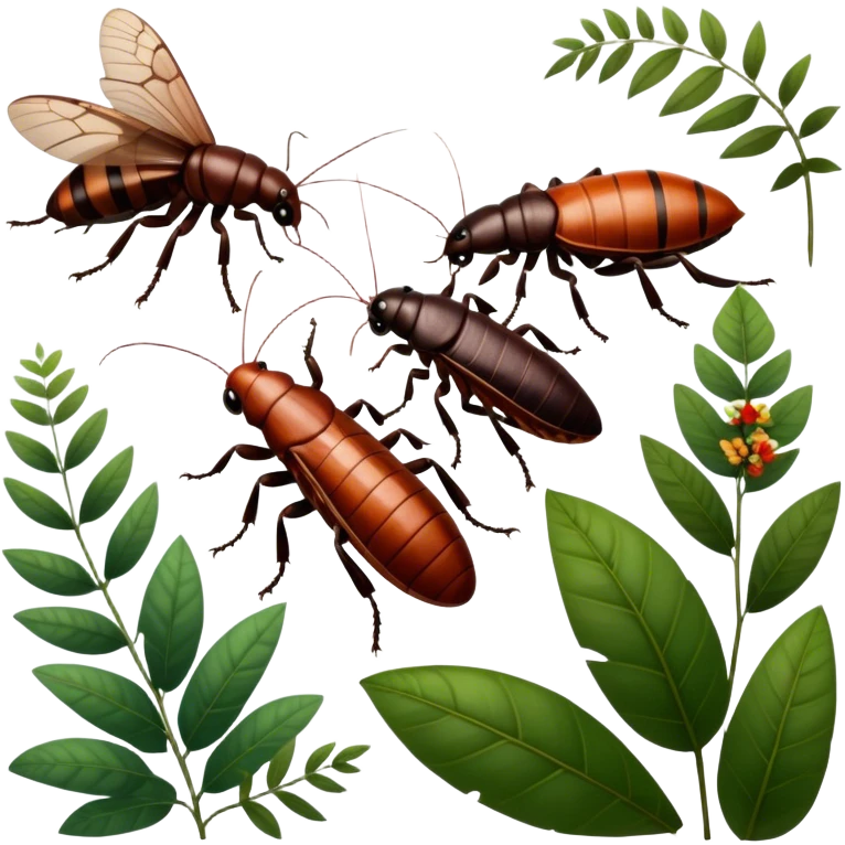 Close-up of giant Madagascar hissing cockroaches, butterflies, and stick insects in their natural habitat. The insects are shown in detail, highlighting their unique textures and colors, surrounded by plants and leaves. Soft lighting to enhance their features. Transparent background. emoji