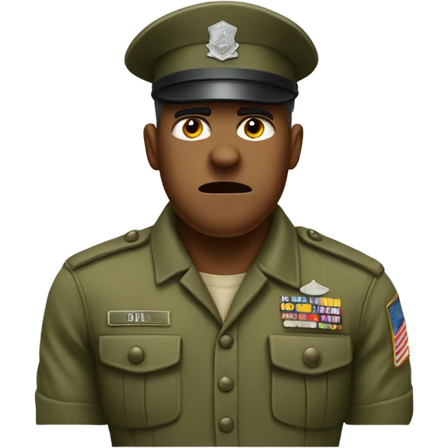 drill sergeant character wearing a classic sergeant hat and a camouflage army shirt. The character should have an angry intense expression. full torso emoji