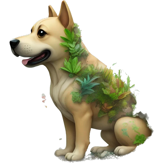 A dog made of glass filled with plants as a terrarium with graffiti doodles emoji
