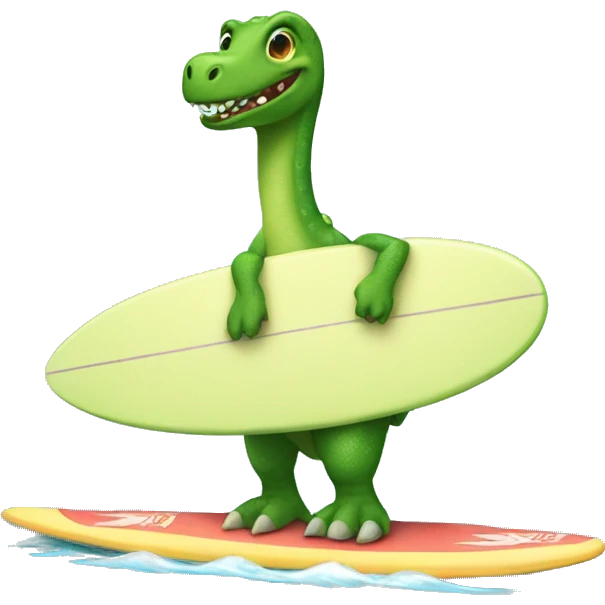 green dinosaur wearing a tutu on a surfboard emoji