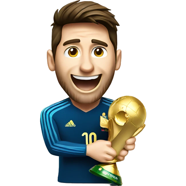 Messi wining world cup trophy with a happy face emoji