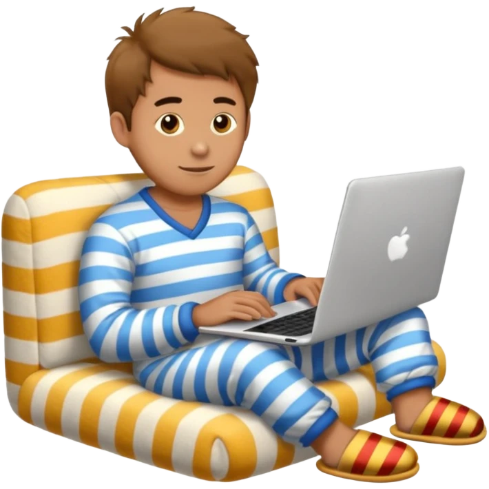 man in striped pajamas and fuzzy slippers typing on a laptop, emoji style emoji