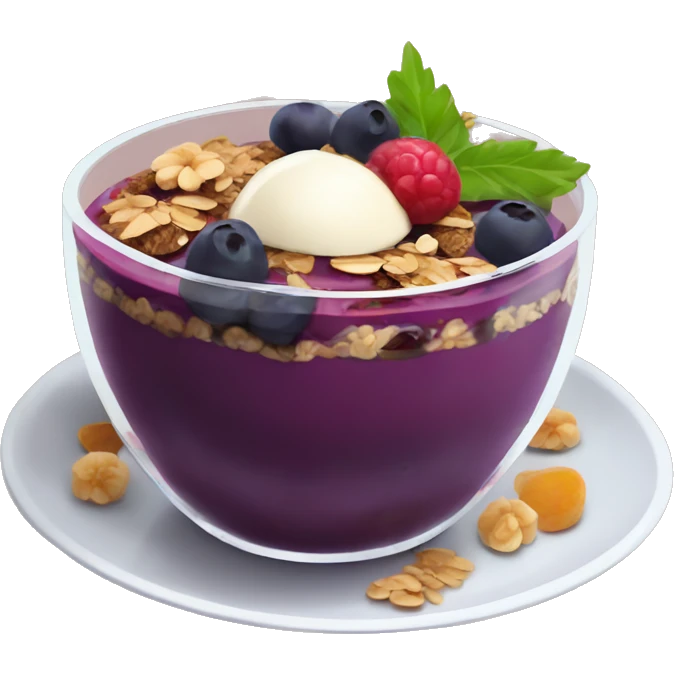 Açaí in a clear cup with layers of fruits and granola and condensed milk emoji