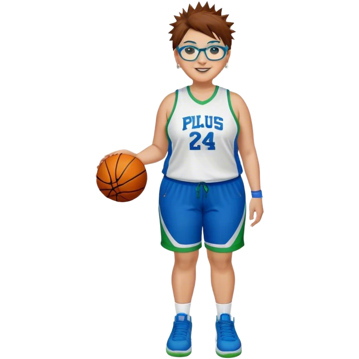 Full Body plus size white female basketball player with short medium brown hair with carmel highlights spikey hair wearing blue glasses 
 wide nose wearing blue green uniform  green sneakers smiling wearing silver hoop earrings emoji