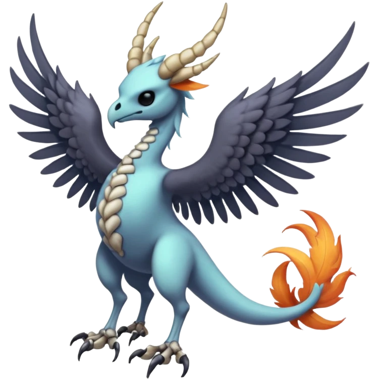 Pastel dark dusky gloomy dull cool cold chilly snowflakey Skeletal feathery fiery winged horned Amaura-Aurorus-Pokémon-Fakémon-hybrid-fusion-creature, full body emoji