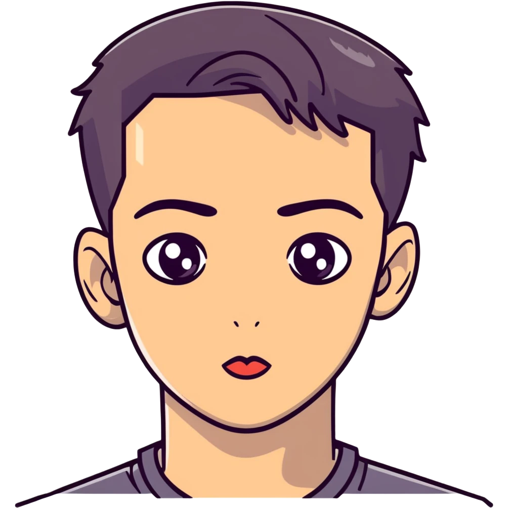 young man with modern black haircut, big eyes, medium lips, big eyebrows emoji