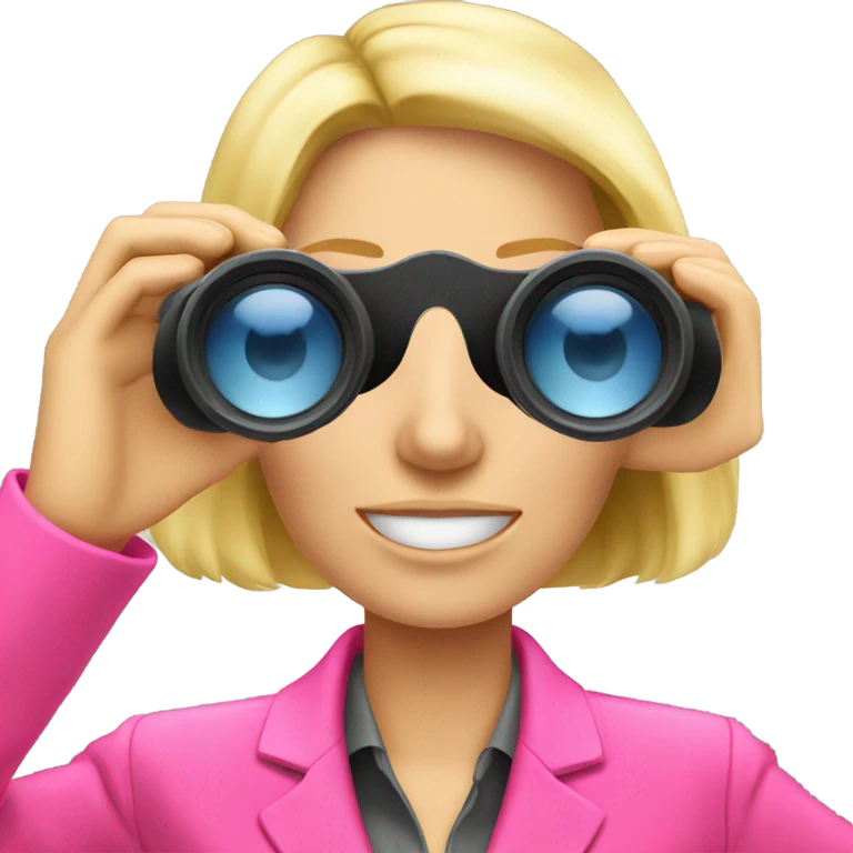 white female employee with loose blonde hair wearing intensive color pink suit looking in binoculars emoji