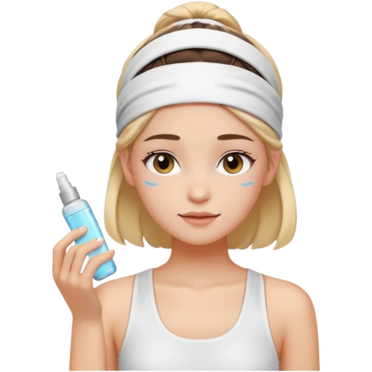 clean girl aesthetic emoji, applying skincare, headband, glowing skin, white tank top, soft lighting emoji
