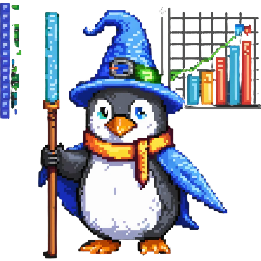 penguin wizard pointing to a stock chart with numbers going down emoji