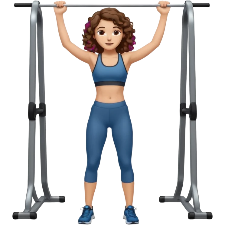 full body, very beautiful italian girl, looking like Emma Watson, with curly and big volume very bright brown hair, workout clothes doing a pullup

 emoji
