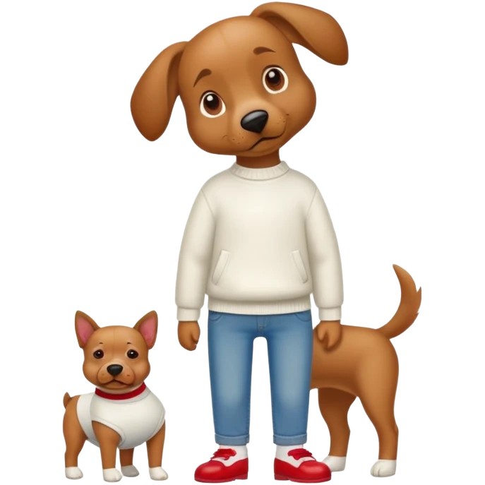 Brown dog standing upright with hands in jean pockets, wearing a white sweater and red shoes emoji