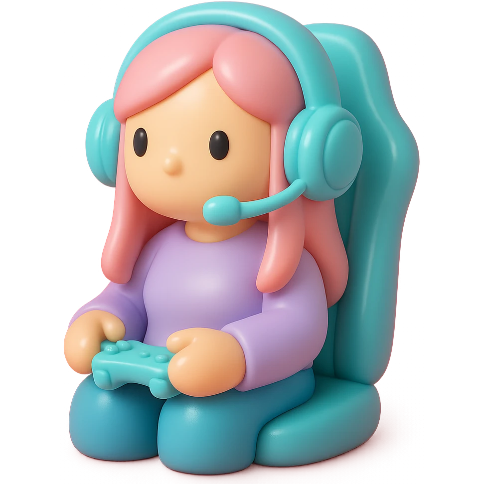 female streamer with headphones and a gaming chair, vinyl figure style emoji