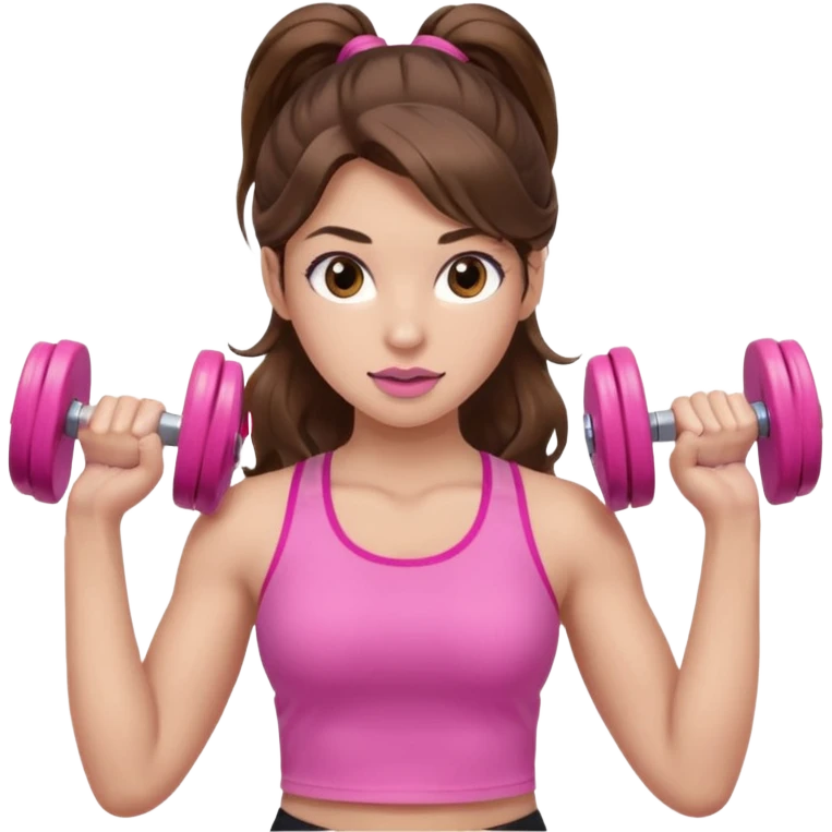 girl with wavy long ponytail brown hair, brown eyes, light to medium complexion, long lashes, light pink lipstick, wearing light pink shirt, lifting pink dumbbells in a sports top emoji