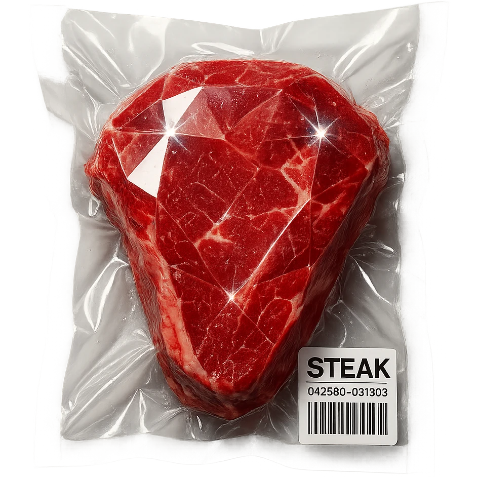 steak with diamond facets and sparkling highlights, glossy and puffy vacuum-sealed style emoji