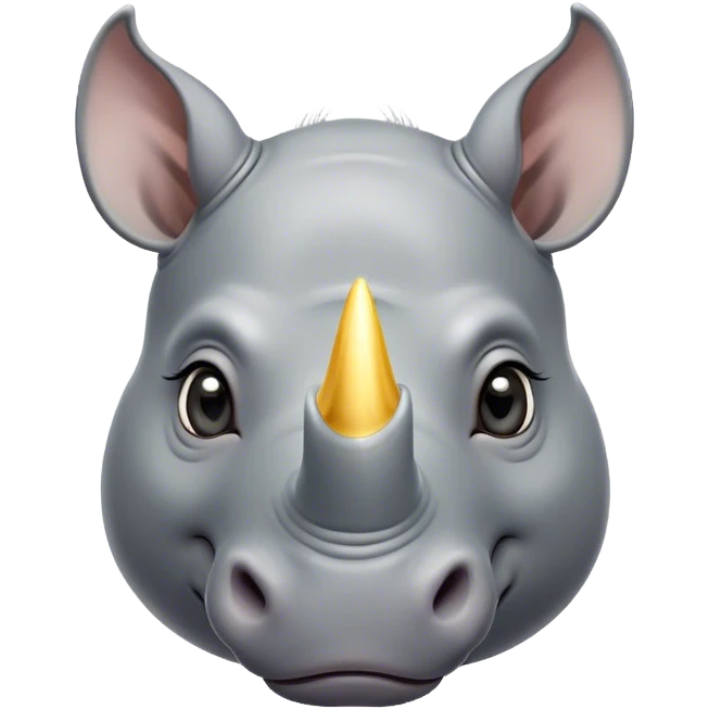 Cinematic Cute Rhinoceros Portrait Emoji, Head tilted playfully and inquisitively, featuring a rugged, glossy slate-gray hide with a gentle, rounded white horn and round, sparkling eyes filled with curious wonder, Simplified yet irresistibly adorable features, highly detailed, glowing with a warm, friendly glow, high shine, affectionate and mighty, stylized with a touch of ancient charm, bright and endearing, soft glowing outline, capturing the essence of a mischievous yet loving rhinoceros, so playful it feels like it could stomp out of the screen and into your arms! emoji