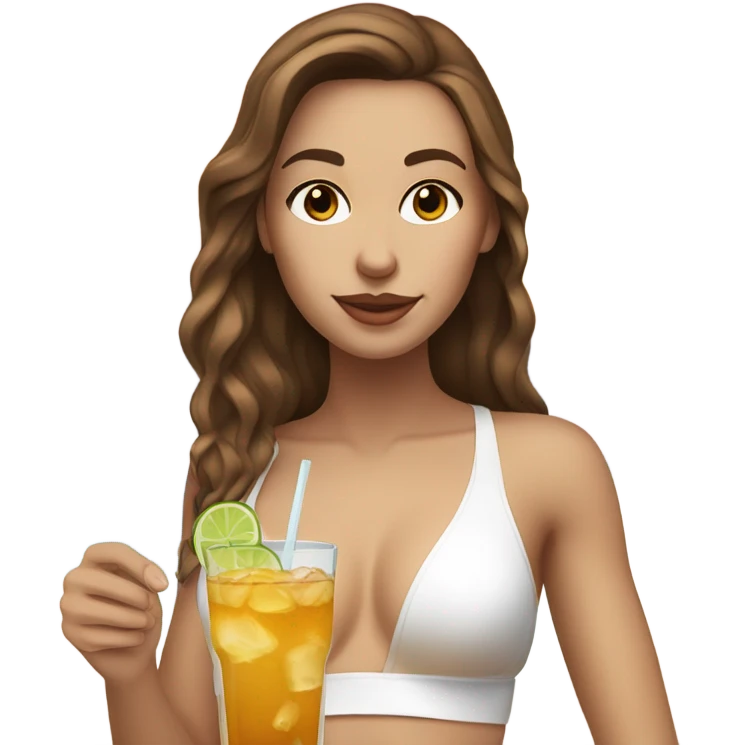 White girl with brown hair drinking a cocktail on holiday in a white bikini emoji