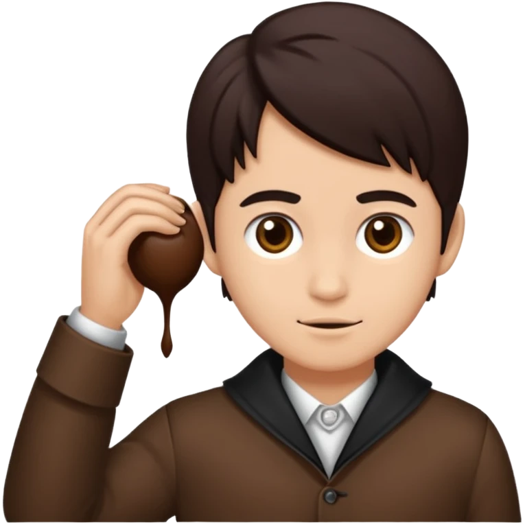 Emoji iPhone seorang pria dengan rambut hitam, dengan poni, mengenakan atasan jas berwarna coklat kehijauan , mata gelap  emoji