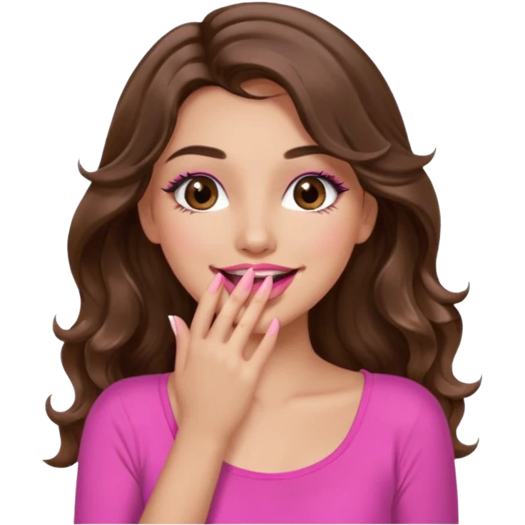 girl with long wavy brown hair, brown eyes, long lashes makeup, sexy pink lips, light to medium complexion, wearing a pink sexy top, sexy, giggling hand covering mouth emoji