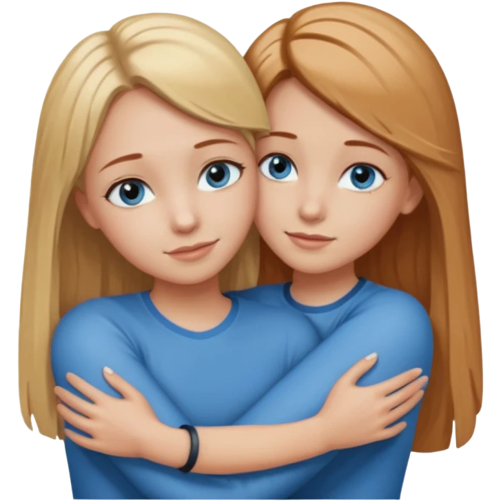 Two girls are hugging. One has dirty blonde hair with a little reddish in it. She has also grey eyes. Her hair is long and straight. The other girl is blonde and has really bright blue eyes emoji