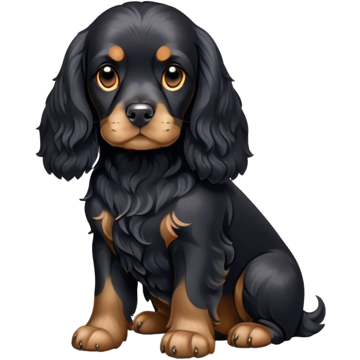 Cinematic Noble Black Cocker Spaniel Portrait Emoji, Poised and regal, with a sturdy build and a sleek, shiny black coat accented by subtle tan markings, deep-set soulful dark eyes, Simplified yet sharp and sophisticated features, highly detailed, glowing with a soft, dignified glow, high shine, intelligent and alert, stylized with an air of refinement, focused and attentive, soft glowing outline, capturing the essence of a watchful and confident companion, so majestic it feels as though it could trot out of the screen with effortless authority! emoji