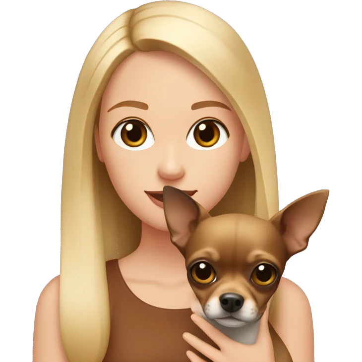 A girl with straight blonde hair, natural lip color and brown eyes holds a dark brown chihuahua in her hands emoji