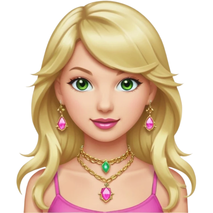 Smiling taylor swift green eyes long blonde hair pink lips pink gold choker and many gold gemstone  chains emoji