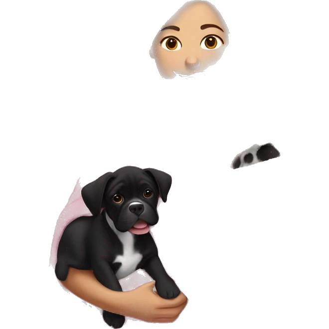 a woman with brown hair is cradling her puppy in a pink baby blanket. the puppy is a black boxer dog. the woman is smiling with mouth ajar. you can see the woman cradling the puppy like a baby from her waist up.  emoji