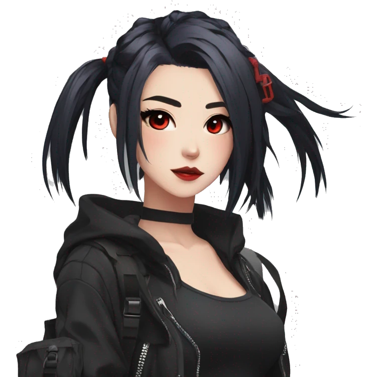 Gorgeous techwear anime style lady with blushing face aesthetic and pretty edgy black red punk hair with hair garment trending style emoji