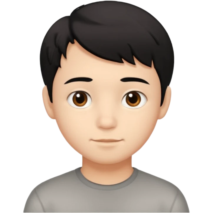 young boy with short, slightly messy black hair, a round face, large brown eyes, and a small neutral smile emoji