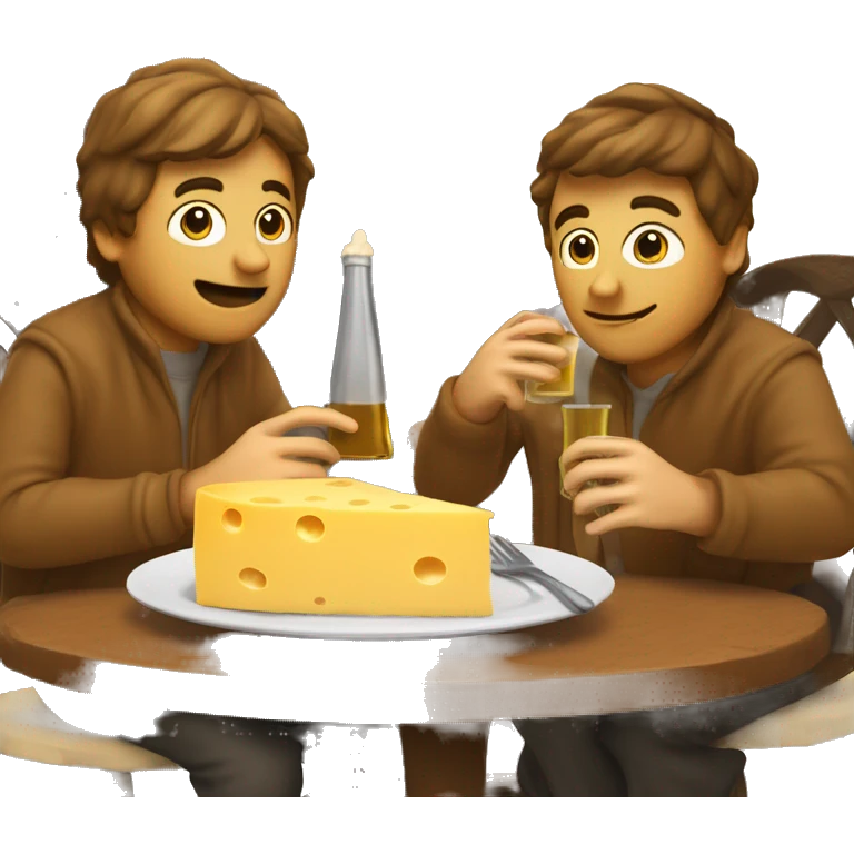 2 guys sitting at the table eating cheese with cumin and drinking beer, and in the background is fireplace emoji