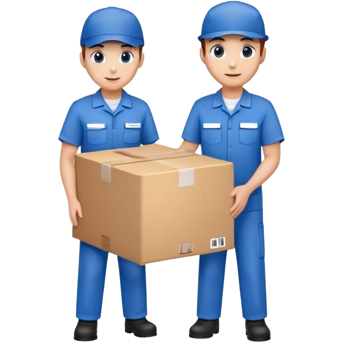 two suppliers standing together holding a big box, both wearing blue caps and blue work uniforms emoji